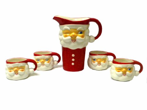 Tinsel Town Vintage-style Winking Santa Ceramic Pitcher & Cups Set of 5