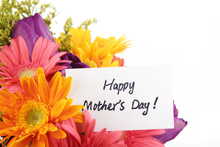Mothers Day gift, flower bouquet and card for Mom